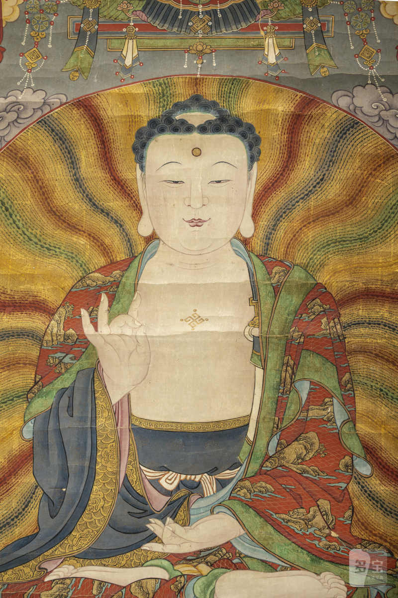 A Buddhist painting depicting Buddha Shakyamuni on a lotus throne - 图3